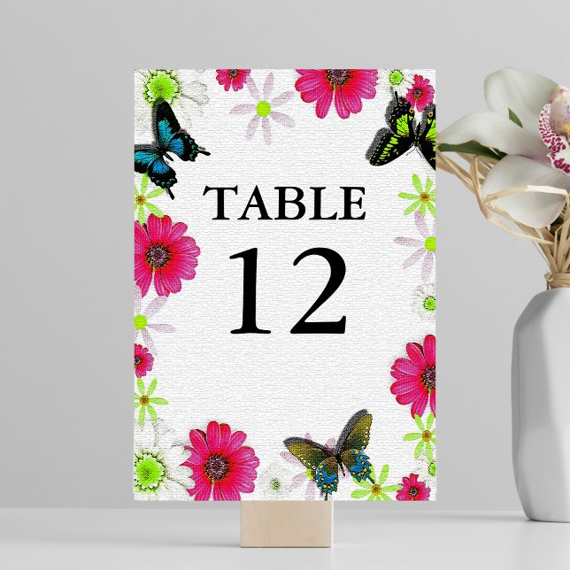 Mosaiktextur med blommor & fjärilar Bröllop Bordsnummer (Mosaic Texture with Flowers & Butterflies Wedding Table Number)
