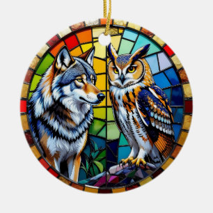 Mosaikvarg och uggla Personlig julkonst Julgransprydnad Keramik