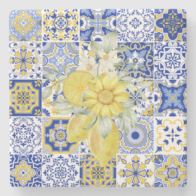 Mosaiska blommor i blått och Gult Stenunderlägg (Framsidan)