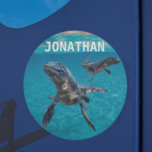 Mosasaur Vatten Dinosaur Monogram namn Runt Klistermärke