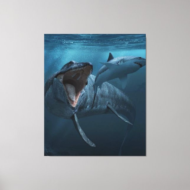 Mosasaurus chasing shark canvastryck (Framsida)