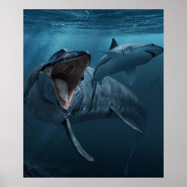 Mosasaurus chasing shark poster (Framsidan)