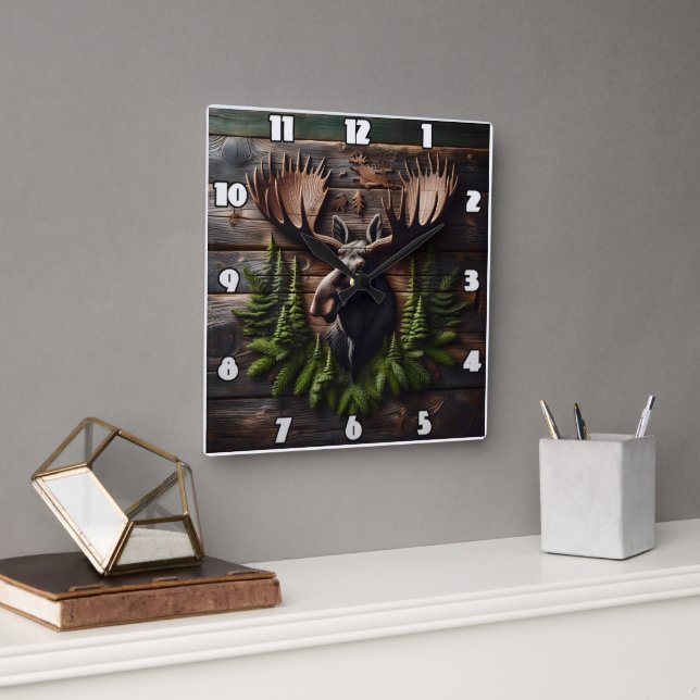Mose Head Wall Mount med Gräs Foliage Fyrkantig Klocka (Kontor)