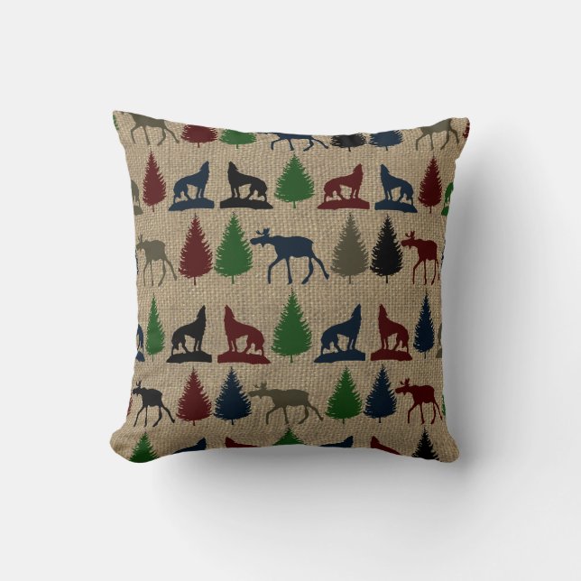 Mose Varg Gräs Träd Rustic Burlap Skriv ut Kudde (Framsida)