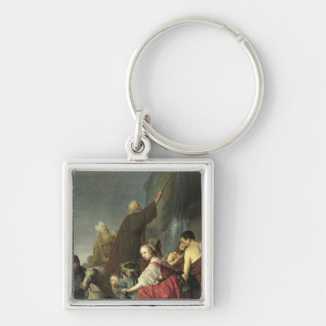 Moses slå vatten från stenen fyrkantig silverfärgad nyckelring (Framsidan)