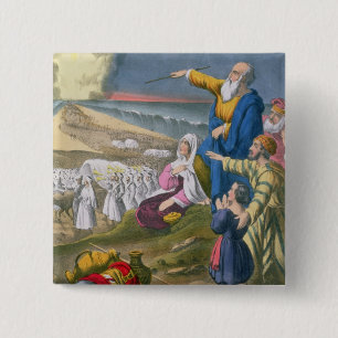 Moses som särar det röda havet, från en bibel s knapp
