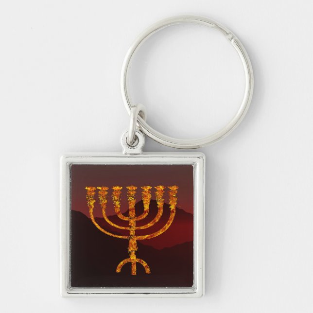 Moshe's Menorah Fyrkantig Silverfärgad Nyckelring (Framsidan)
