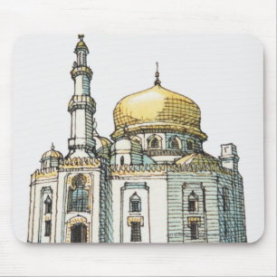Moské med den guld- den lökkupolen och minareten musmatta