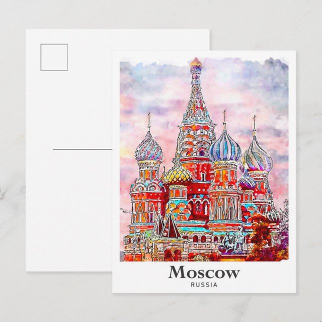 Moskva Ryssland Danmark Watercolor Hand plockade Vykort (Fram/baksida)