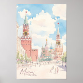 Moskva Ryssland Gouache Paint Illustration Travel Poster