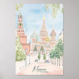 Moskva Ryssland Gouache Paint Illustration Travel Poster