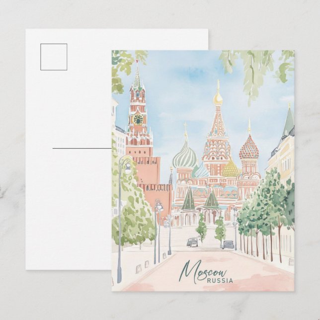 Moskva Ryssland Gouache Paint Illustration Travel Vykort (Fram/baksida)