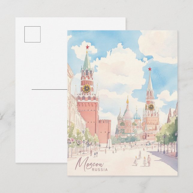Moskva Ryssland Gouache Paint Illustration Travel Vykort (Fram/baksida)