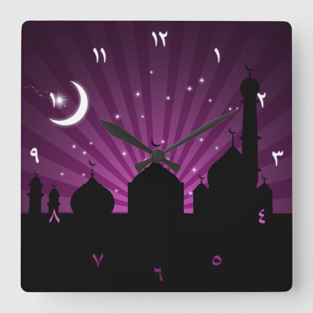 Mosque Silhouette Lila Natten - Wall Clock Fyrkantig Klocka (Framsida)