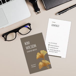 Moss Brown Modern Minimalist Golden Ginkgo Visitkort