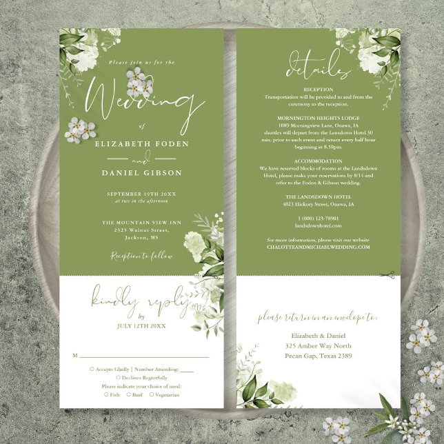 Moss Green Botanical Greenery All In One Wedding Inbjudningar (Moss Green Botanical Greenery All In One Wedding Invitation)
