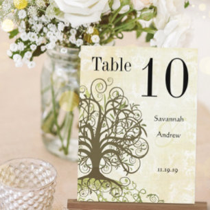 Moss Green & Brown Tree Swirl Table Number Vykort