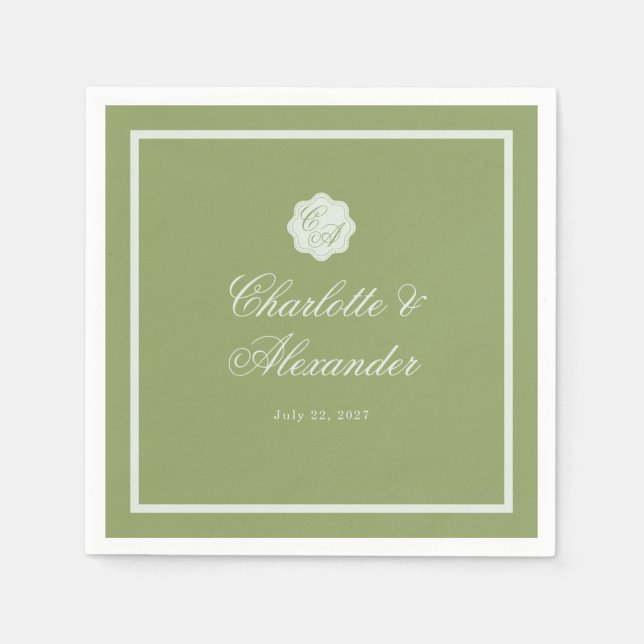 Moss Green Calligraphy Wedding Napkin Pappersservett (Framsidan)