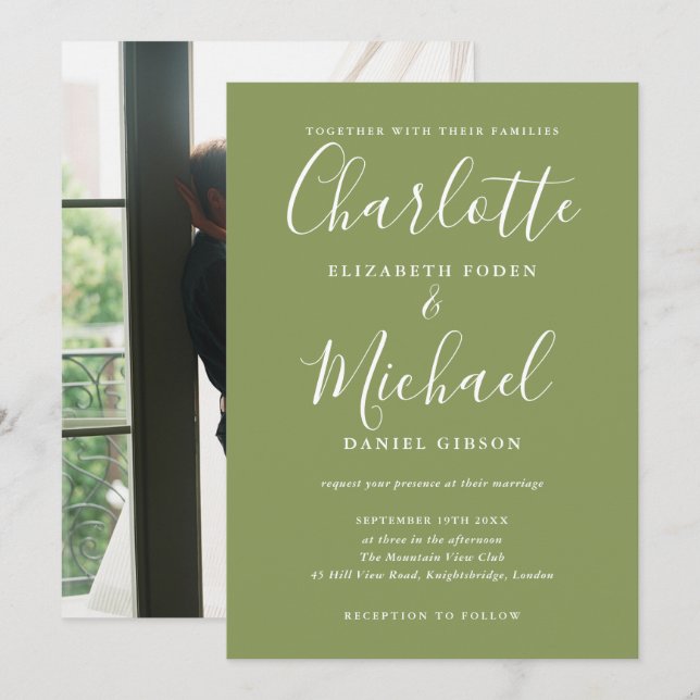 Moss Green Elegant Modern Script Photo Wedding Inbjudningar (Fram/baksida)