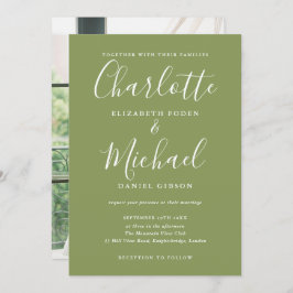 Moss Green Elegant Modern Script Photo Wedding Inbjudningar