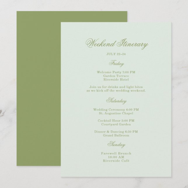 Moss Green Estate Wedding Itinerary Card Inbjudningar (Fram/baksida)