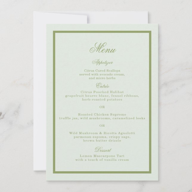Moss Green Estate Wedding Menu Card Inbjudningar (Framsida)