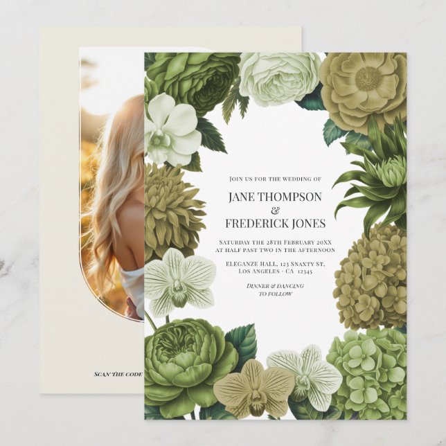 Moss Green, Fern Mist & Pale Pistachio Wedding Inbjudningar (Fram/baksida)