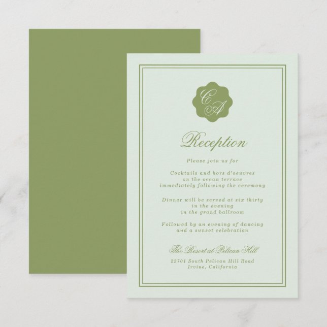 Moss Green Monogram Reception Card Tilläggskort (Fram/baksida)