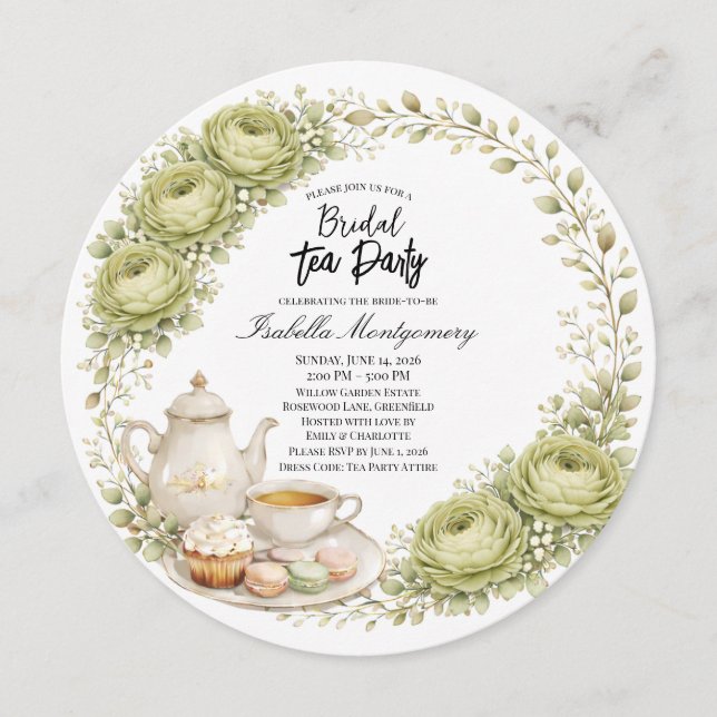Moss Green Palette Tea Party Bridal Shower Inbjudningar (Framsida)