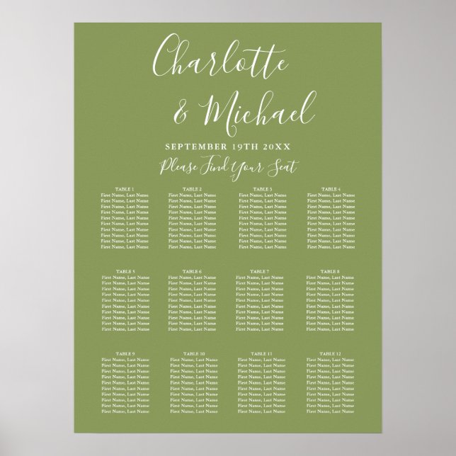 Moss Green Signature Script Wedding Seating Chart Poster (Framsidan)
