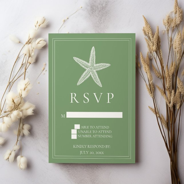 Moss Grön Sjöstjärna Bröllop RSVP-kort OSA Kort (Moss Green Starfish Wedding RSVP Card)