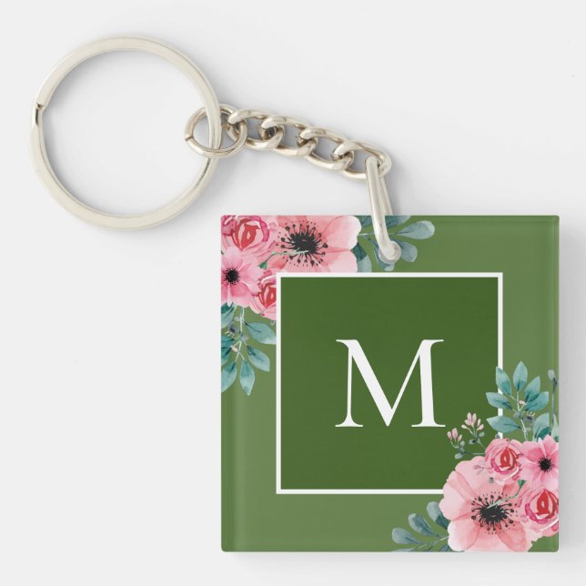 Moss Grönt | Blommigt Photo Monogram-Nyckelring (Framsidan)