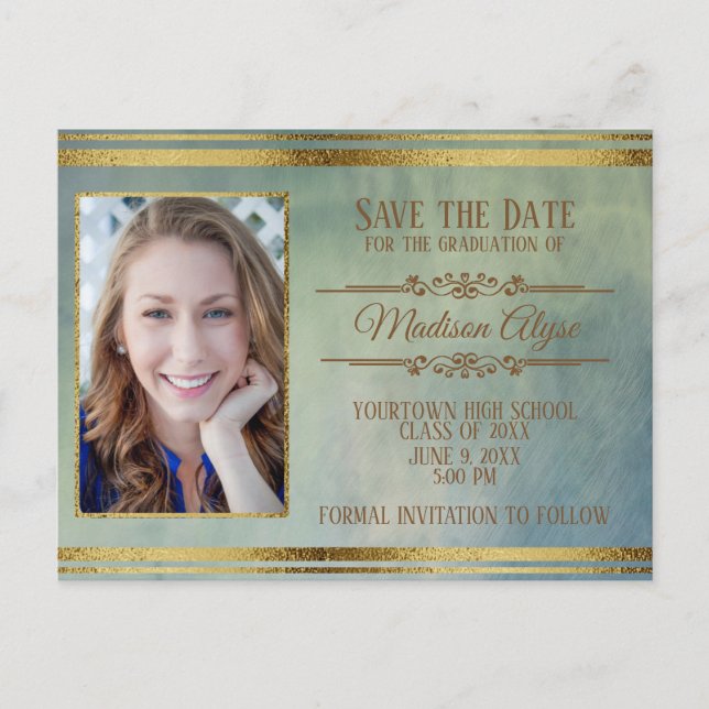 Moss Grönt, Blue Grunge och Guld Photo Studenten Vykort (Framsida)