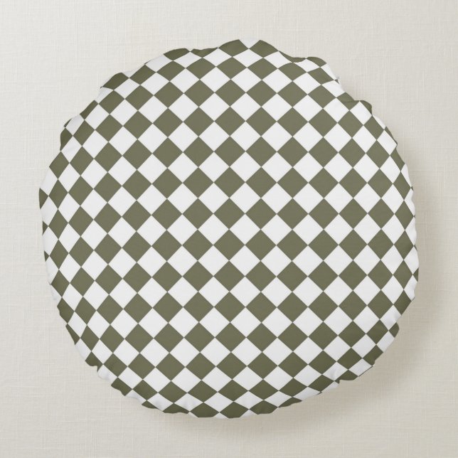 Moss Grönt Checkerboard mönster Rund Kudde (Baksidan)