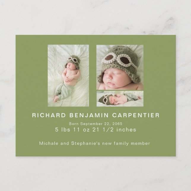 Moss Grönt Collage Photo Birth Meddelande Vykort (Framsida)