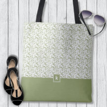 Moss Grönt Damask Pattern Monogram Tote Bag