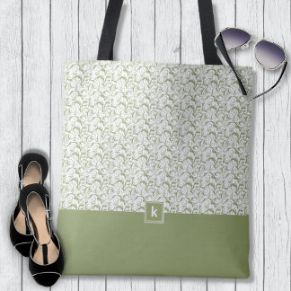 Moss Grönt Damask Pattern Monogram Tote Bag Tygkasse