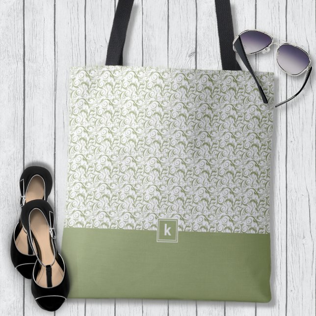 Moss Grönt Damask Pattern Monogram Tote Bag Tygkasse (Skapare uppladdad)