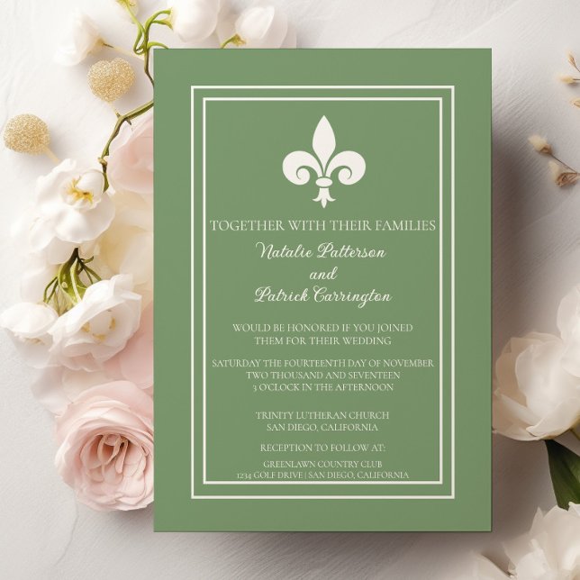 Moss Grönt Fleur de Lis bröllopsinbjudan Inbjudningar (Moss Green Fleur de Lis Wedding Invitation)