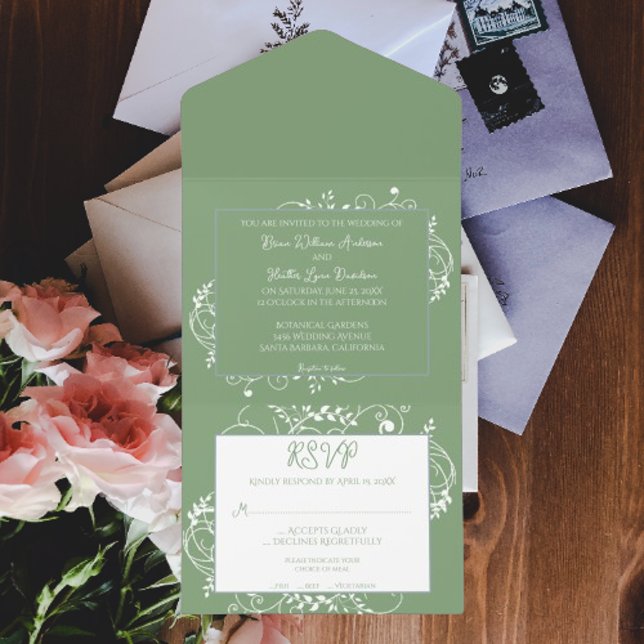 Moss Grönt Flourish Bröllop alla i en enda inbjuda (Moss Green Flourish All in One Wedding Invite)