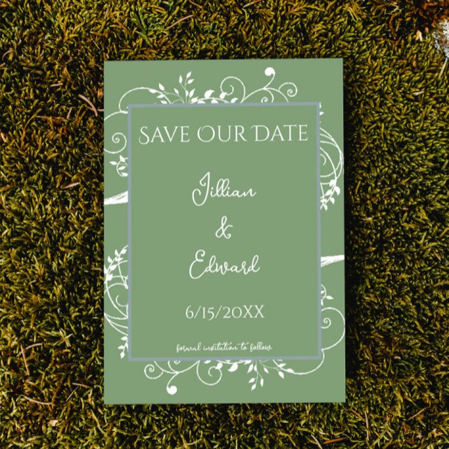 Moss Grönt Flourish Spara datum meddelande (Moss Green Flourish Save the Date Wedding Announcement)
