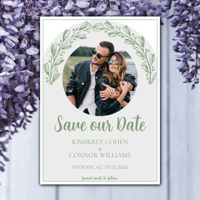 Moss Grönt Garland Photo Spara datum Datumet (Moss Green Garland Photo Save the Date)