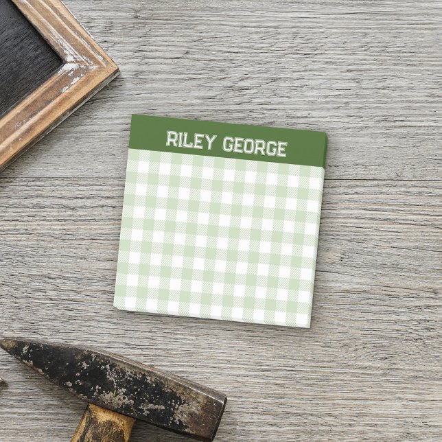 Moss Grönt Gingham Varsity Brev Namn Post-it Block (Skapare uppladdad)