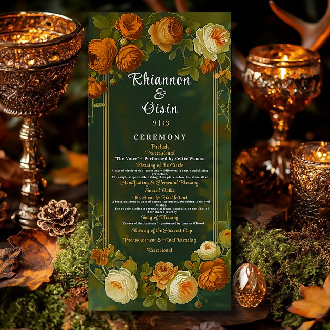 Moss Grönt & Guld Woodland Druid Backe Bröllop Program (Elegant Autumn Druid Hill Floral Wedding Program )
