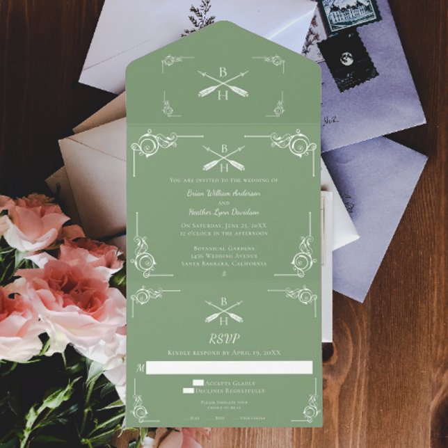 Moss Grönt Monogram och pilarna Bröllop (Moss Green Monogram and Arrows Wedding All in One Invitation)