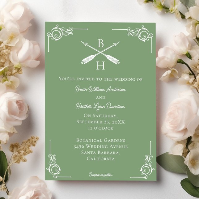 Moss Grönt Monogram och pilarna Bröllop Inbjudningar (Moss Green Monogram and Arrows Wedding Invitation)