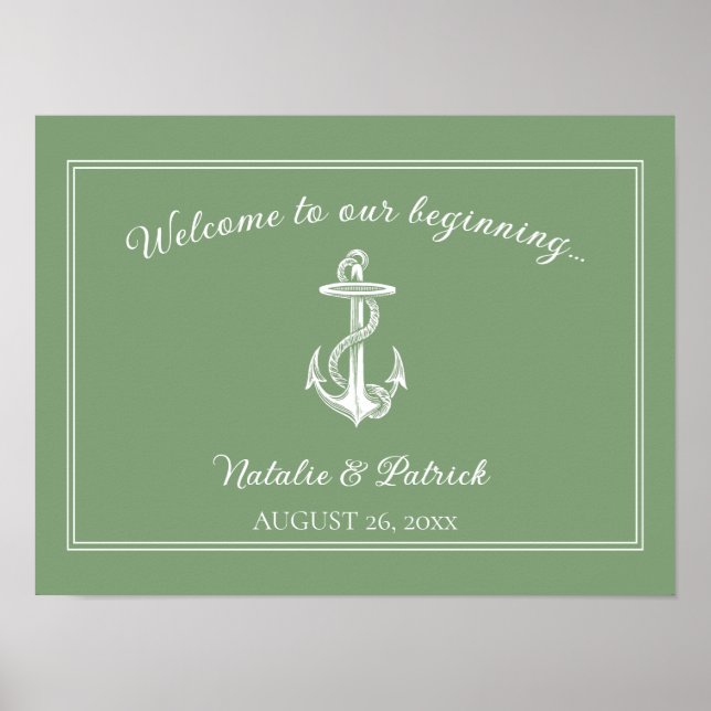 Moss Grönt Nautical Anchor Bröllop Poster (Framsidan)