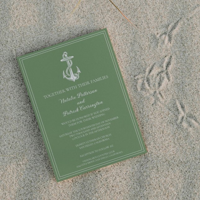 Moss Grönt Nautical Anchor Wedding bjudande in Inbjudningar (Moss Green Nautical Anchor Wedding Invitation)
