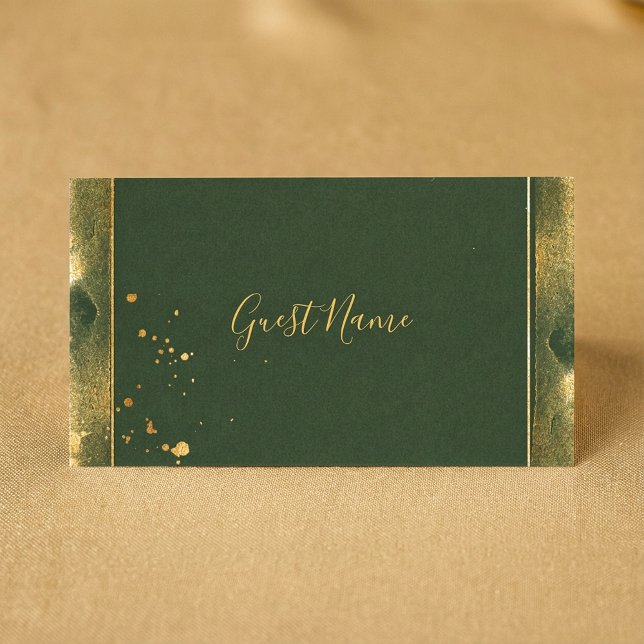 Moss grönt och guld gästkortet namn placeringskort (Moss green and gold guest name place card.)