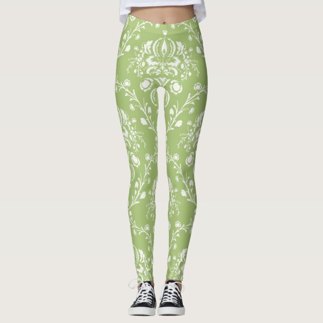 Moss Grönt och White Damask Leggings (Framsida)